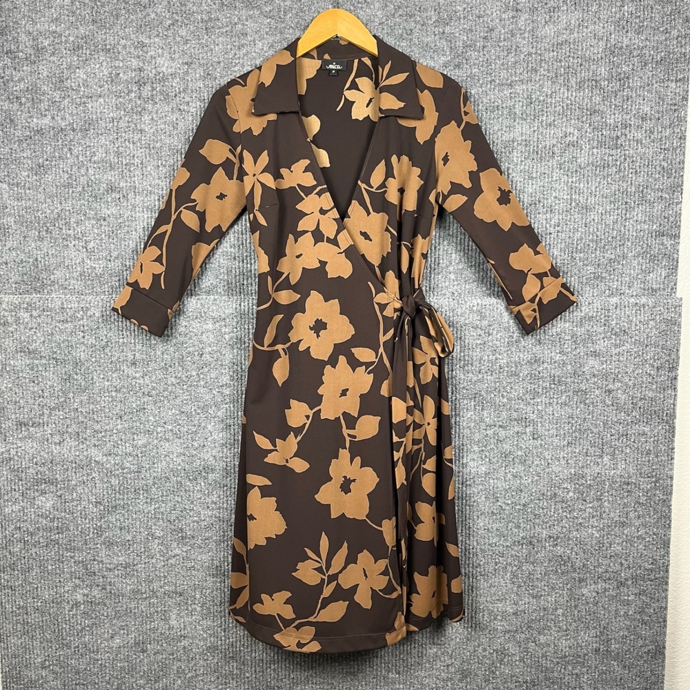 Vtg 90s Mica Midi Wrap Dress Womens XS Brown Floral 3/4 Sleeve Autumnal Academia